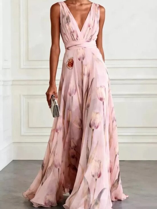 Fehaute Dresses & Skirts - Unworn, Fehaute, size 8, Pink Floral Chiffon V Neck Sleeveless A